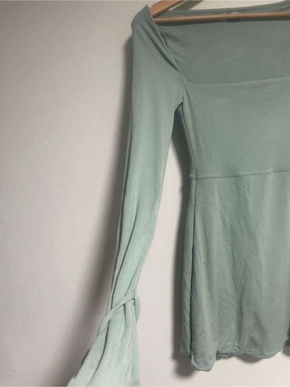 Sage Green Square Neck Long Sleeve Mini Dress with Side Slit - Picture 4 of 8